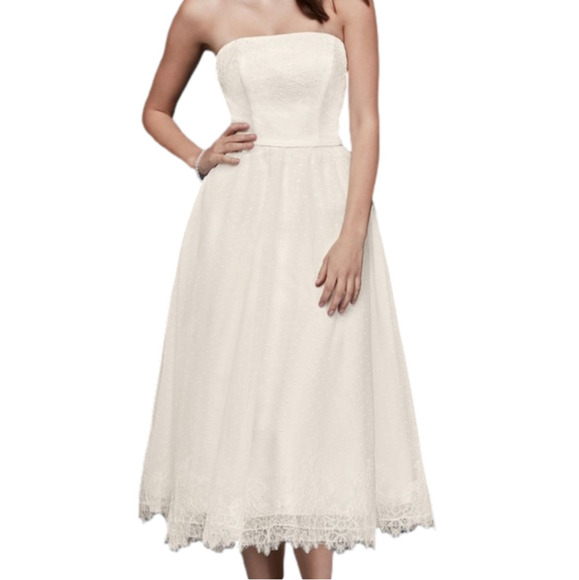 GALINA White Lace Appliquéd Tea-Length Tulle Wedding Dress Size 6 - Picture 2 of 9